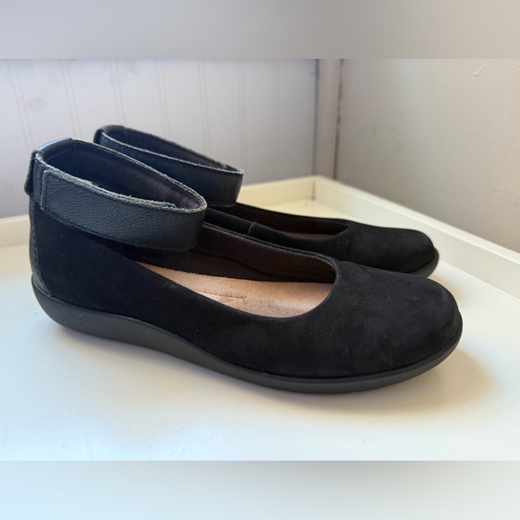 Clarks Shoes - Clarks Collection Medora Nina Black Suede Flats with an Ankle Strap